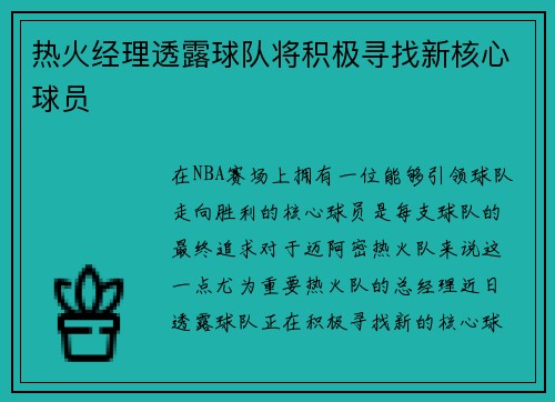 热火经理透露球队将积极寻找新核心球员
